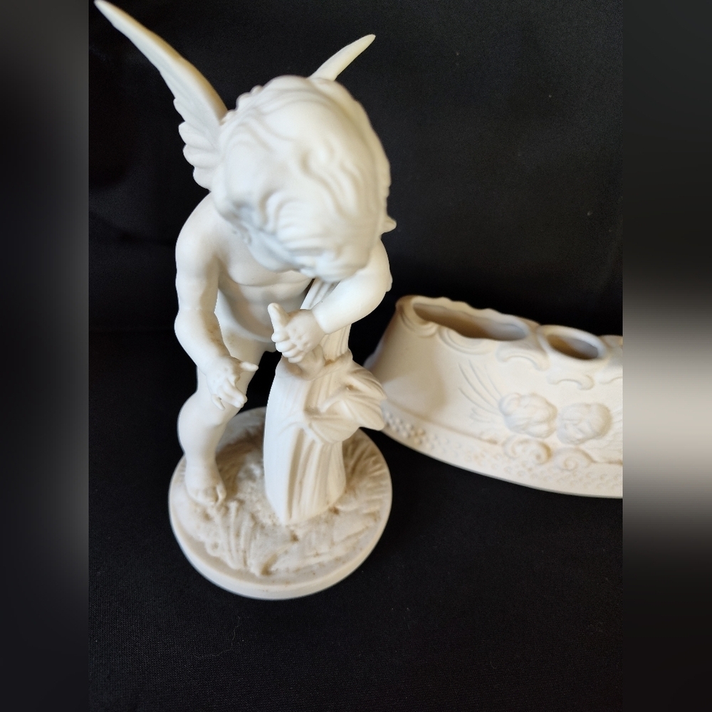 Rare German Bisque Cherub Putti Set w/ Flower Frogs 🖤Holiday Mantle Centerpiece - Picture 3 of 10